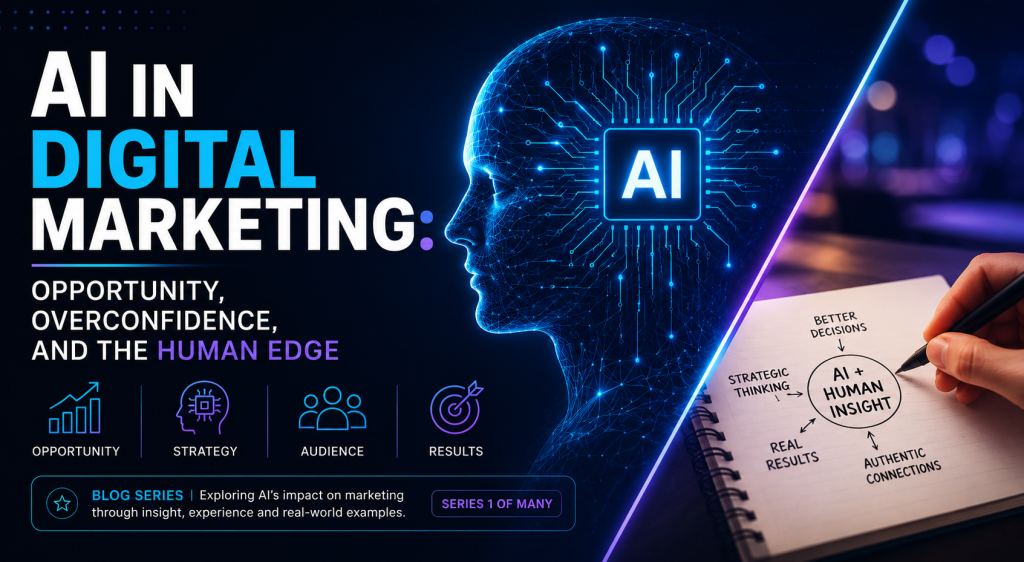 Graphic titled "AI in Digital Marketing: Opportunity, Overconfidence and the Human Edge" with a digital AI head beside a hand sketching "AI + human insight"